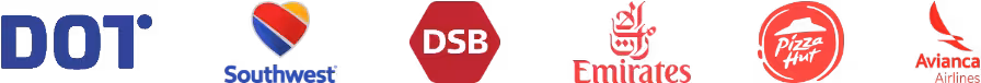 Major brands including DOT, Southwest, DSB, Emirates, Pizza Hut, Avianca